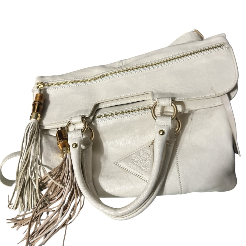 NWOT Sorial White leather Shoulder Bag with Tassels good hardware purple int